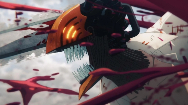 The Chainsaw Devil, a form of Denji, unleashes its terrifying power amidst a spray of blood in the anime series Chainsaw Man.