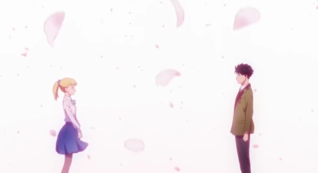 Teresa and Tada with falling pink petals