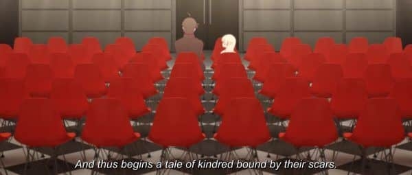 Araragi and Kiss-Shot seated in an empty auditorium with red chairs, with on-screen text about kindred bound by scars