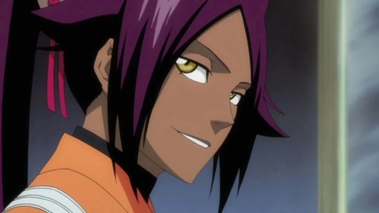 Yoruichi with purple hair looking determined