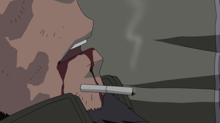 Asuma Sarutobi's last cigarette smokes on the ground beside him, stained with his blood, after his death in Naruto Shippuden.