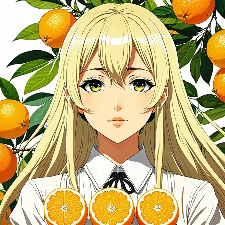 A close-up of Yuzu Aihara from Citrus anime, holding sliced oranges with a background of orange leaves and fruits.