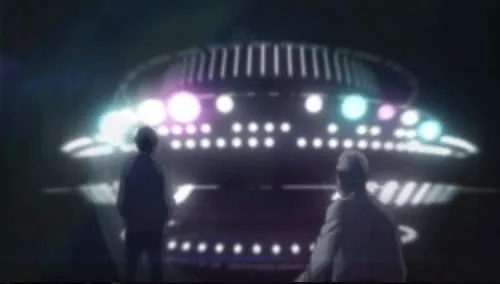 The alien spacecraft hovering over Ichiro and Hiro in the park just before their cybernetic transformation in Inuyashiki Last Hero.