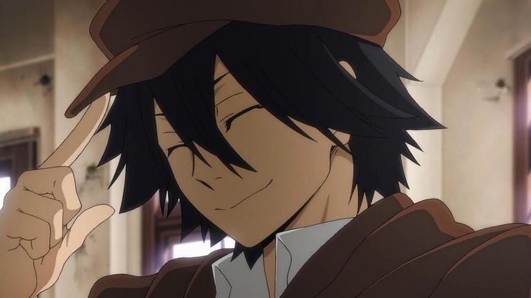Dazai Osamu, a charismatic member of the Armed Detective Agency from Bungo Stray Dogs, tips his hat with a smile.