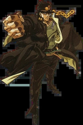 Kujo Jotaro, the protagonist of JoJo's Bizarre Adventure: Stardust Crusaders, strikes a menacing pose.