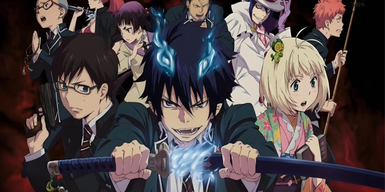 Rin Okumura unsheathing the Kurikara sword with blue flames ignited while surrounded by his classmates in the Blue Exorcist anime.