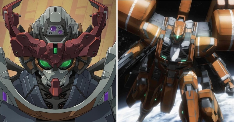 Promotional artwork showing mecha from Gundam GQuuuuuuX alongside an orange mecha from I’m the Evil Lord of an Intergalactic Empire