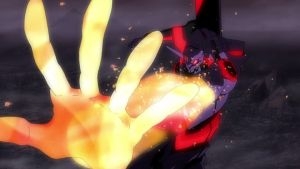 Evangelion Unit-01's hand emitting energy during a berserk sequence against an Angel in Neon Genesis Evangelion.