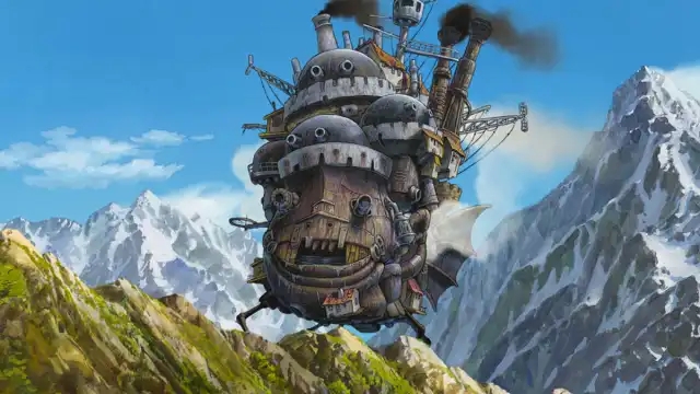 Howl's Moving Castle, a gigantic walking steampunk fortress, traverses a mountainous landscape under a bright blue sky in the Studio Ghibli anime film Howl's Moving Castle.