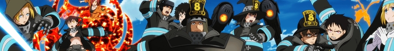 A montage of main characters from the Fire Force anime, including Shinra Kusakabe and Arthur Boyle, in their specialized firefighting uniforms.