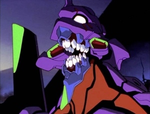 Evangelion Unit-01 in its berserk state, roaring with its jaws forced open during a battle in Neon Genesis Evangelion.