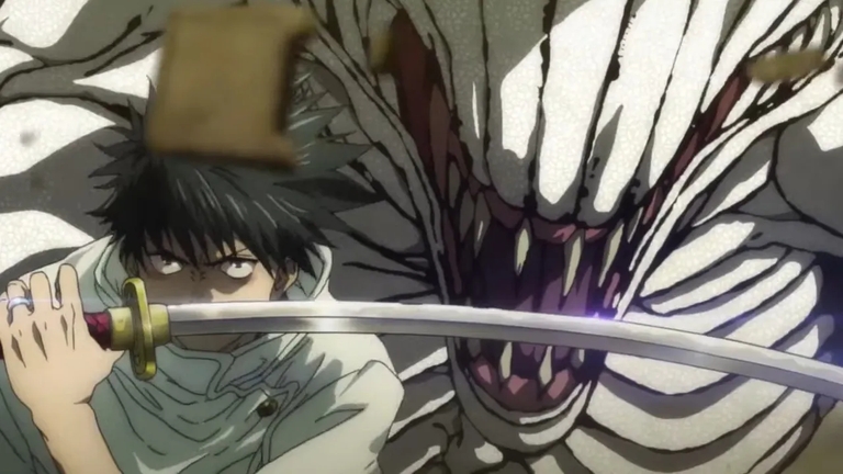 Yuta Okkotsu with the monstrous cursed spirit Rika Orimoto manifesting behind him in Jujutsu Kaisen 0.