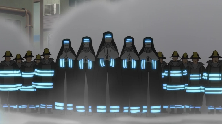 Fire Force members in field uniforms with smoke