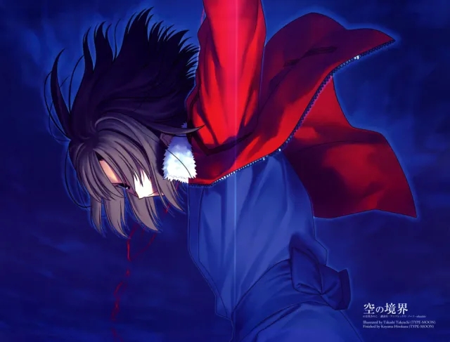 Ryougi Shiki in a dramatic pose, with flowing red fabric and dark blue clothing