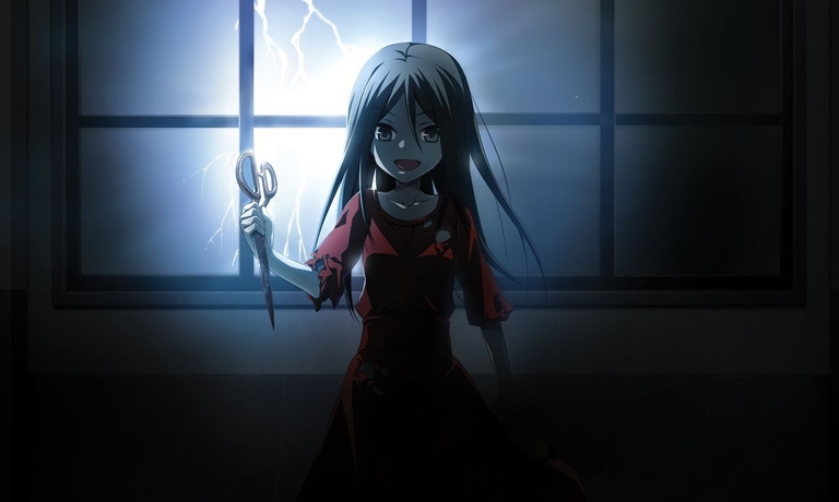 Girl in red dress holding scissors with lightning