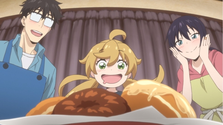 Kōhei Inuzaka, Tsumugi Inuzaka, and Kotori Iida joyfully looking at freshly baked bread in the Sweetness and Lightning anime.
