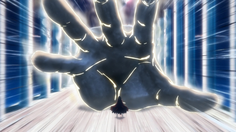 Ichibei Hyosube summons the gigantic spiritual hand Senri Tsutensho to attack Juhabach in Bleach: Thousand-Year Blood War.