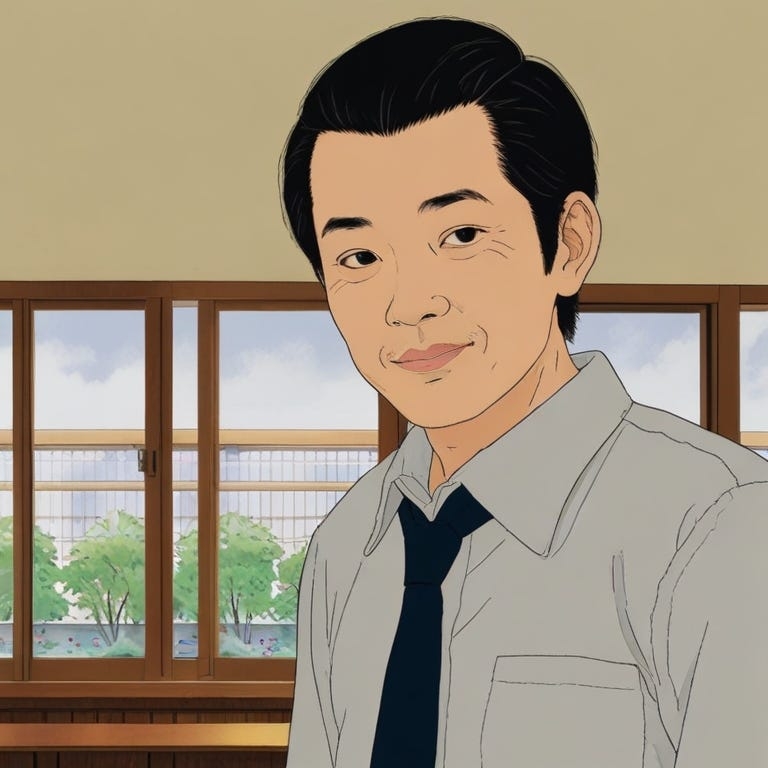 Uramichi Omota smiling faintly against classroom windows