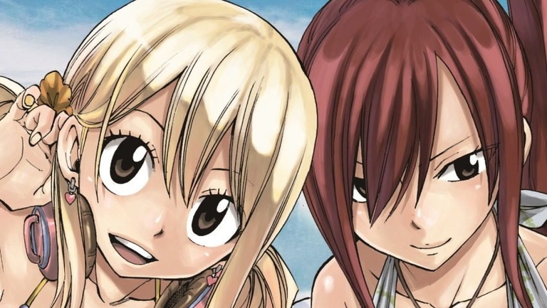 Lucy Heartfilia and Erza Scarlet from Fairy Tail pose for a promotional image.
