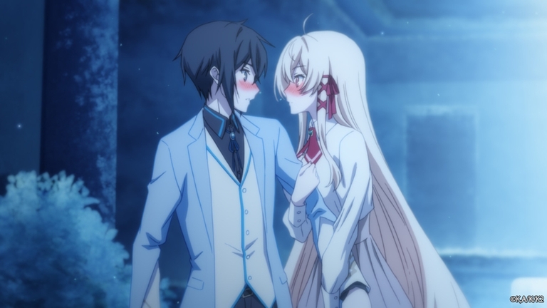 Iska and Alice from Our Last Crusade or the Rise of a New World blushing while staring at each other in a moonlit scene.