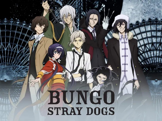 Main cast of Bungou Stray Dogs including Osamu Dazai and Atsushi Nakajima