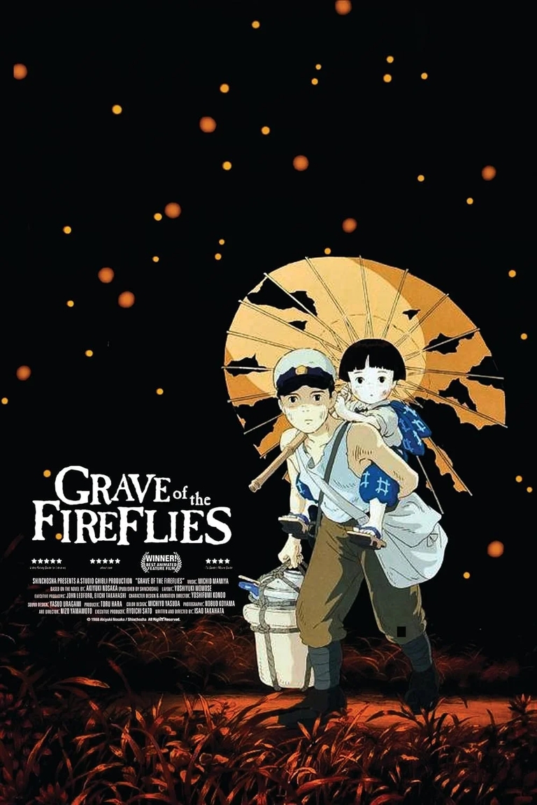 Seita carries Setsuko under a parasol with fireflies