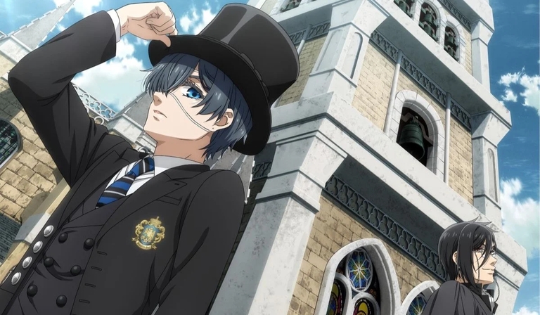 Ciel and Sebastian outside the college