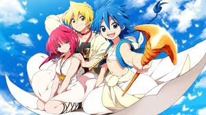 Protagonists Aladdin, Alibaba Saluja, and Morgiana traveling through the sky in Magi: The Labyrinth of Magic