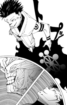 Sukuna utilizing Mahoraga's adaptation against Yorozu's Construction technique