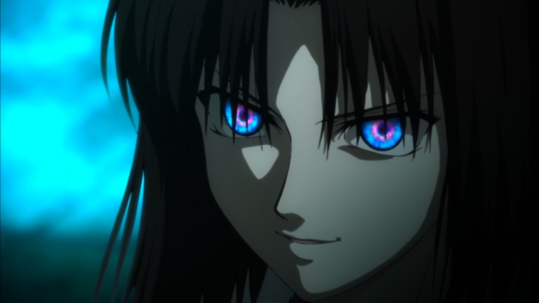 Ryougi Shiki activates her Mystic Eyes of Death Perception, glowing blue and purple
