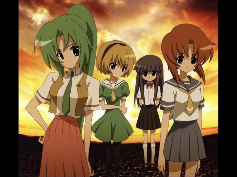 Shion Sonozaki, Rena Ryuguu, Hanyuu, and Rika Furude from Higurashi posing against an orange sunset