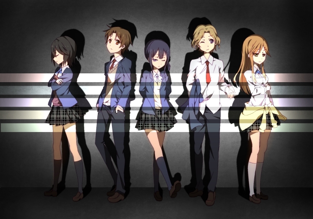The five main characters of Kokoro Connect standing together