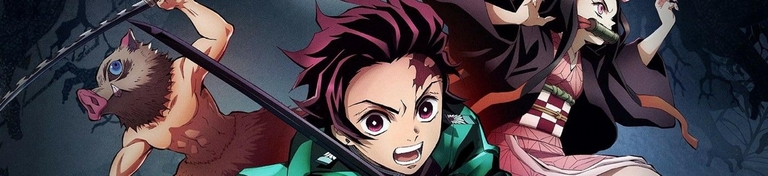 Inosuke Hashibira, Tanjiro Kamado, and Nezuko Kamado in a dynamic combat stance from the Demon Slayer: Kimetsu no Yaiba anime series.