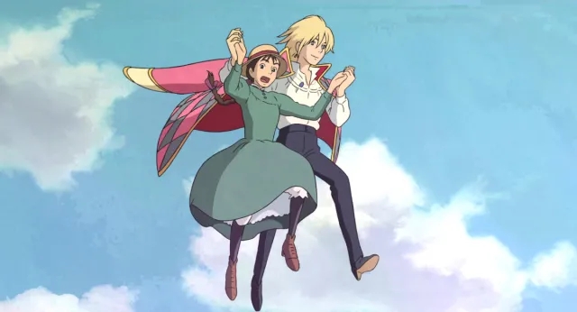 Young Sophie and the wizard Howl dance gracefully in the sky, symbolizing their growing bond in the anime film Howl's Moving Castle.