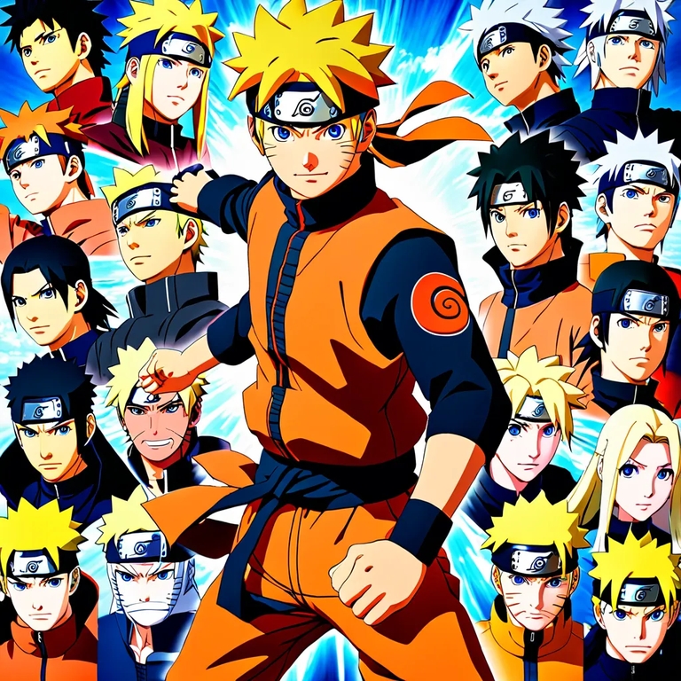 Naruto in orange and black outfit with supporting cast