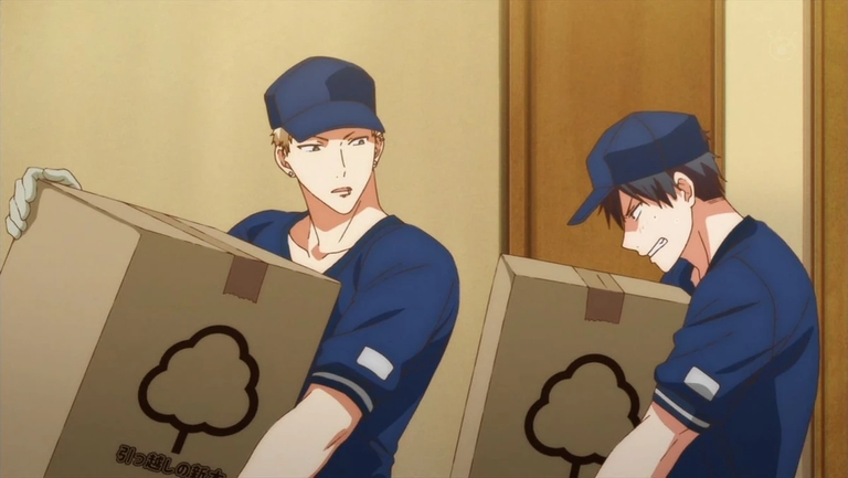 Drummer Akihiko Kaji and guitarist Ritsuka Uenoyama carrying boxes at their part-time job in Given.