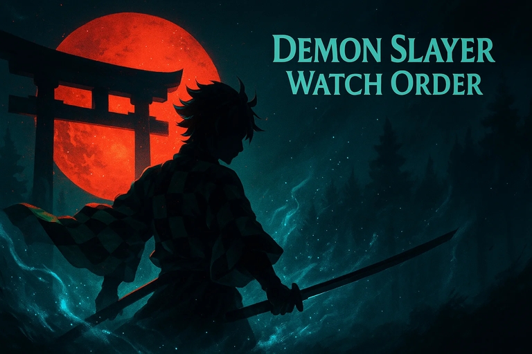 Tanjiro Kamado stands with his sword ready under a large red moon, in a scene from Demon Slayer with the text 'Demon Slayer Watch Order' displayed.