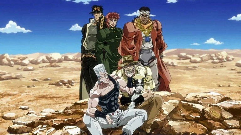 The main cast of JoJo's Bizarre Adventure: Stardust Crusaders, including Jotaro Kujo, Kakyoin Noriaki, Polnareff, Joseph Joestar, and Avdol, posing in a desert landscape.