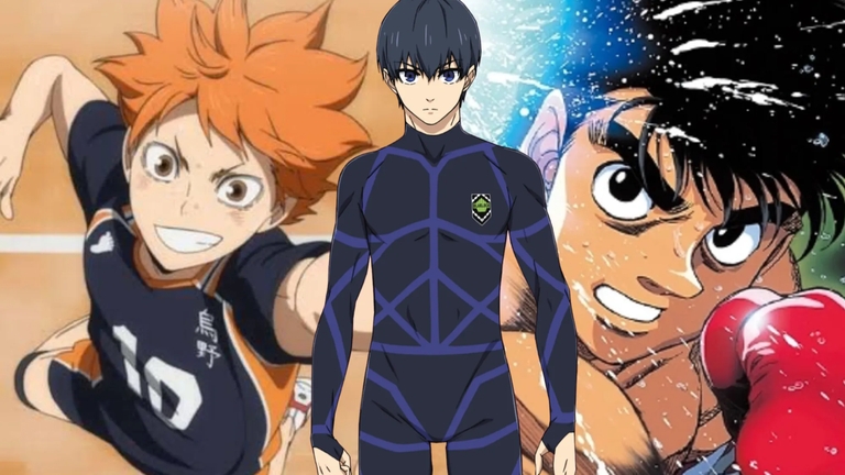 Shoyo Hinata from Haikyuu!!, Yoichi Isagi from Blue Lock, and Ippo Makunouchi from Hajime no Ippo are featured in this anime sports montage.