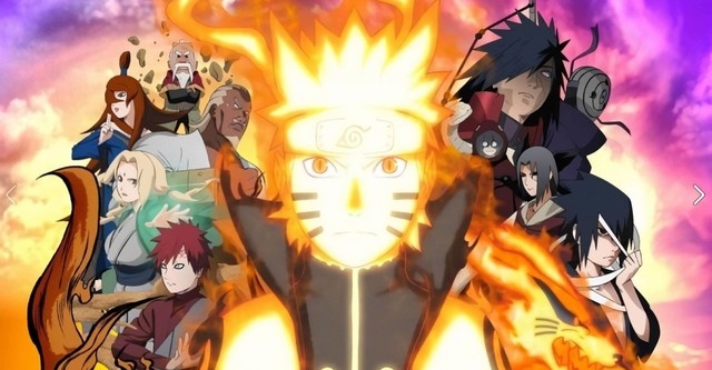 Naruto in Kurama Chakra Mode with allies and antagonists
