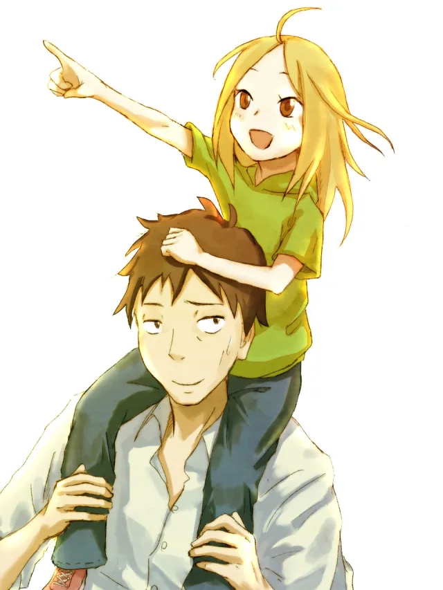 Daikichi Kawachi carrying Rin Kaga on his shoulders, with Rin pointing excitedly, an iconic representation of their father-daughter bond in Usagi Drop.