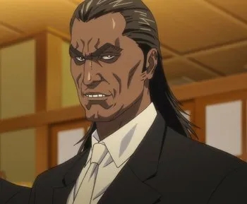 The ruthless Yakuza leader Samejima glaring menacingly before his encounter with Ichiro in Inuyashiki Last Hero.