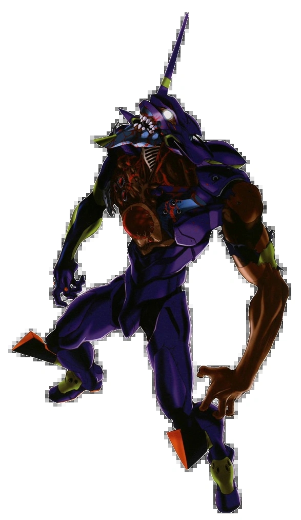 Evangelion Unit-01 exhibiting its berserk state, characterized by its monstrous form and aggressive stance in the Neon Genesis Evangelion series.