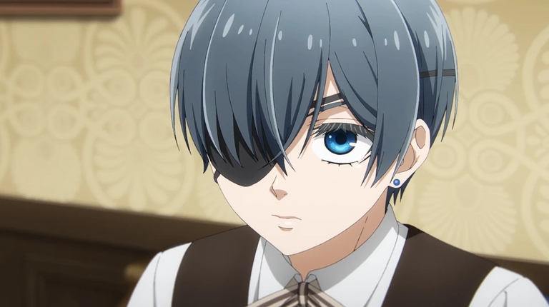 Close-up of Ciel's blue eye and eyepatch