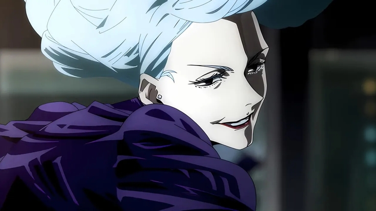 Uro Takako with her distinctive white hair and mischievous smile in Jujutsu Kaisen.