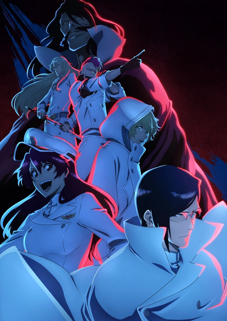 Promotional art for Bleach: Thousand-Year Blood War features Yhwach, Uryū Ishida, and other prominent Quincy characters from the Wandenreich in their signature white uniforms.