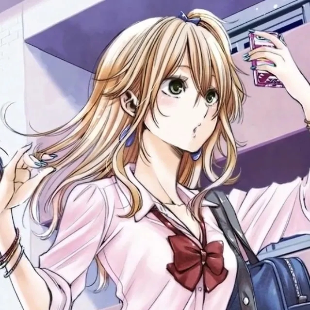 Yuzu Aihara, a stylish student with light brown hair and a pink blouse, holds a phone while walking in the anime series Citrus.
